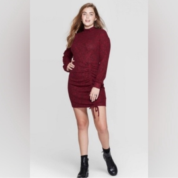 Xhilaration Dresses & Skirts - Xhilaration Red Ruched Bodycon Sweater Dress with Long Dolman Sleeves EUC